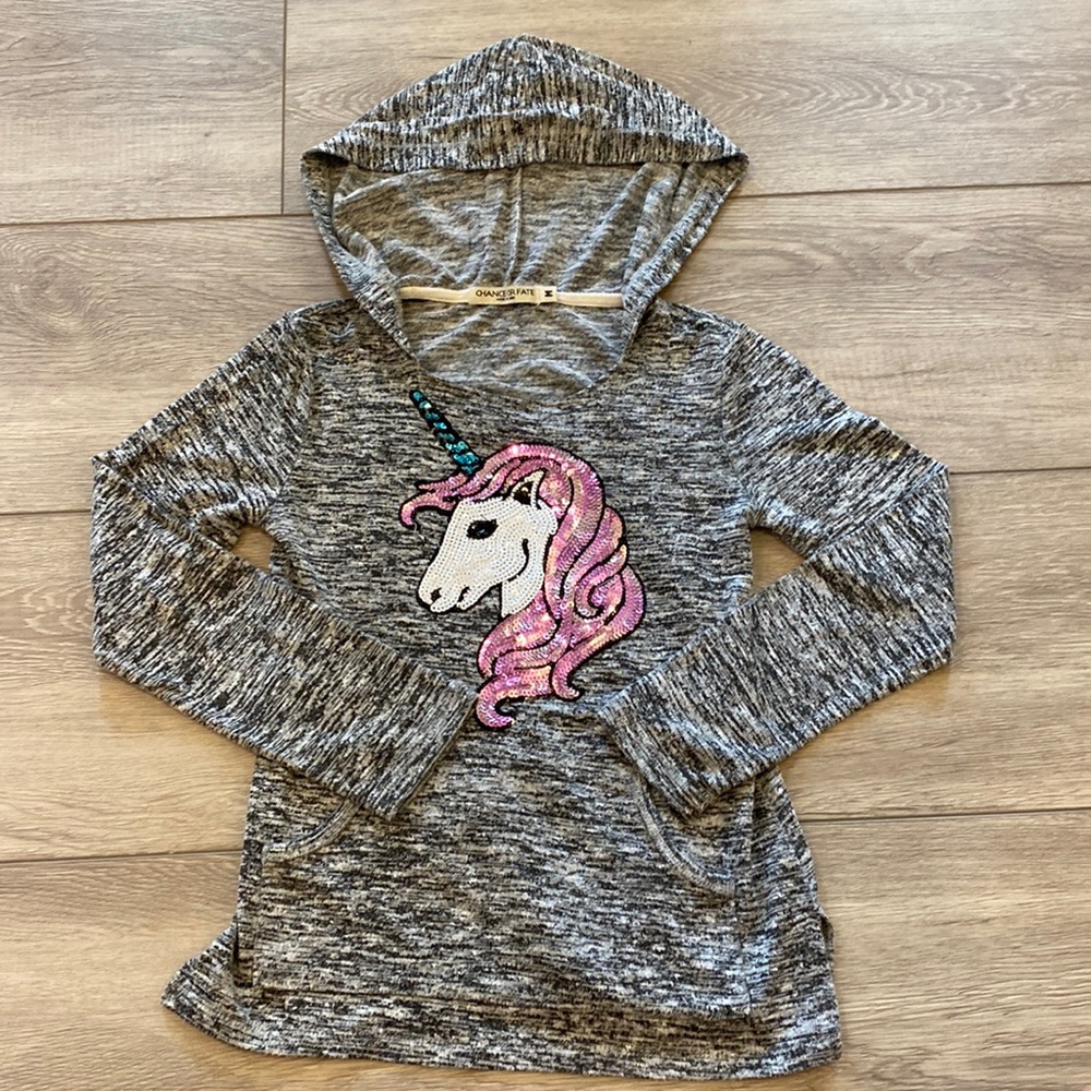 CHANCE OR FATE UNICORN SEQUIN L/S TOP WITH HOOD SIZE MEDIUM 8-10